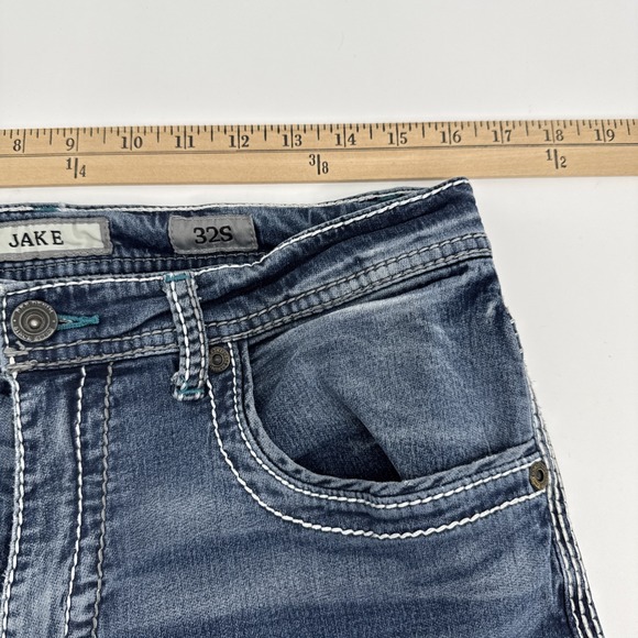 BKE Jake Jeans Men 32S Blue Bootcut Double Stitching Embroidered Pockets Denim - Picture 3 of 13